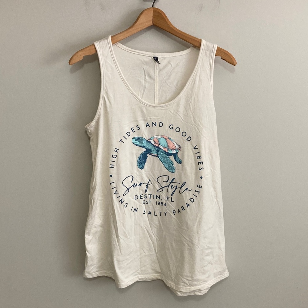 Surf Style Cream Tank Top with Turtle Design, Destin Florida, Size Large